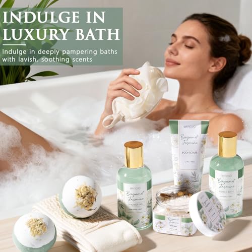 Birthday Gifts for Women, Bergamot Jasmine Relaxing Spa Gift Baskets for Women Self Care Package Bath Gift Set, Home Bath and Body Kit Pampering Christmas Gifts for Womens Her Mom Friend Sister Wife - color: Sage Green-Bergamot Jasmine