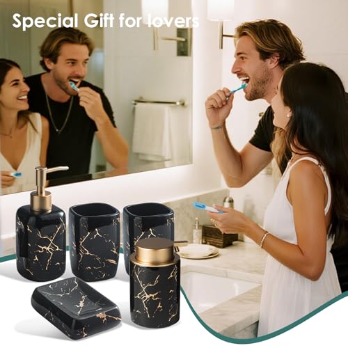 Black and Gold Bathroom Accessories Set, Marble Bathroom Accessories 5 Pieces Ceramic Modern Bathroom Accessories Set with Bathroom Soap and Toothbrush Holder Set, Soap Dispenser, Mouthwash Cups