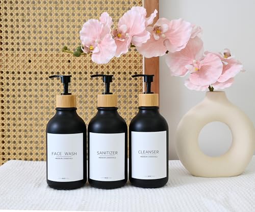 Frosted Plastic Shampoo and Conditioner Bottles, Apothecary Dispenser Bamboo Pump, Refillable Bottles for Shower Lotion, Oil, Hand Soap, Sanitizer, Liquid Soap, Set of 3 with 9 Labels (3, Matte Black) - color: Matte Black