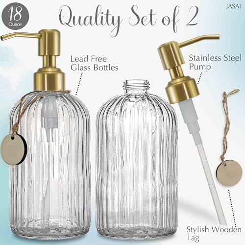 JASAI 2PACK 18Oz Fluted Glass Soap Dispenser with Golden Rust Proof Pump, Refillable Kitchen soap Dispenser with Vertical Stripe, Bathroom Soap Dispenser for Dispense Hand soap, Dish Soap, Lotion. - color: Clear-golden Pump-2p, size: 2 Pack