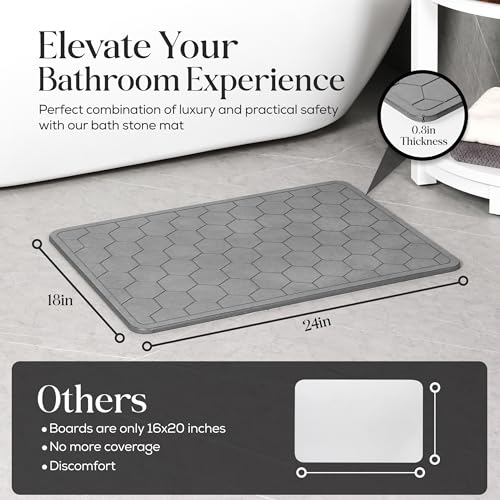 Diatomaceous Earth Stone Bathmat | Eco-Friendly XL Stone Bath Mat 18x24 Inch. Instant Dry Bathroom Mat with Sandpaper & Pads. Multiuse, Kitchen Counter & Stone Dog Bowl Mat (2, Grey) - color: Grey