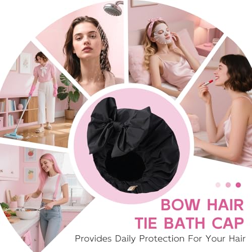 Years Calm Extra Large Shower Cap for Long Thick Hair – Waterproof Double Layer Bath Cap with Satin Lining, Secure Elastic Fit for Braids, Curls & Extensions - color: Black