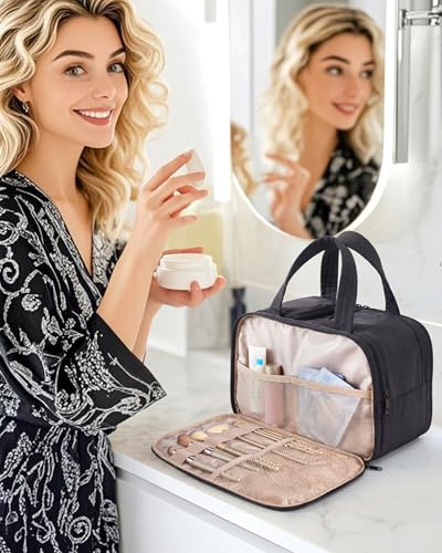 BAGSMART Travel Toiletry Bag, Puffy Large Toiletry Bag for Women, Lightweight Cosmetic Makeup Bag Organizer with Handle for Traveling, Accessories, Essentials, Toiletries (Black) - color: B-Black