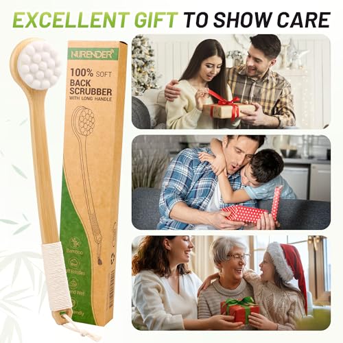 NURENDER Back Brush for Shower, 17.32'' Long Handle Soft Bristles for Sensitive Skin, Effective for Cleansing, Non Slip Grip, Wall Mounted Dry Quickly, Exfoliation Body Scrubber for Men/Women/Elderly - size: 17.32 Inch