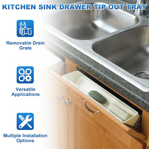 Upgraded 11" Tip-Out Plastic Sink Trays Kitchen Sink Tip Out Tray with 8X Mounting Screws and 4X Adhesive Screws for Kitchen Sink and Bathroom Base Cabinets, Large Pullout Vanity Shelf Home Organizer
