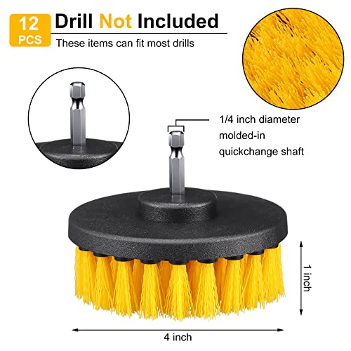 Drill Brush Attachment Power Scrubber Cleaning Kit Multi Purpose Drill Brush Set Drill Scrubber Brush Kit Cleaning Brushes for Drill Bathroom Surfaces Tub Grout Shower Kitchen (Yellow, 12 Pcs)
