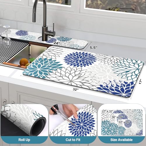 Findosom 2PCS 17" x 32" Dish Drying Mat & 24" x 5.5" Sink Splash Guard, Super Absorbent & Cuttable Dish Mat Drying Kitchen Mat with Blue Floral, Hide Stain Drying Mat for Kitchen Counter - color: Blue, size: 17" X 32" + 24" X 5.5"