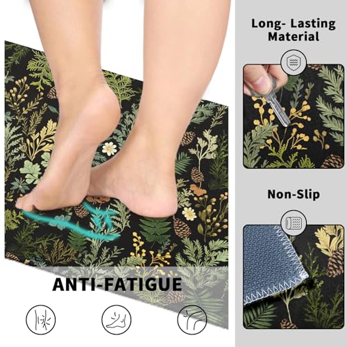 Black Green Botanical Kitchen Mats for Floor 2 PCS Natural Fern Plant Kitchen Rug Set 17"x47"+17"x30", Vintage Leaf Dark Non Slip Washable Runner Rug Set for Sink Laundry Hallway Decor - color: Black Green Botanical
