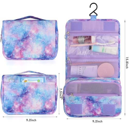 Kids Hanging Toiletry Bag for Girls, Travel Toiletry Bag for Little Young Teen Girls Cosmetic Makeup Waterproof Wash Bag Traveling Toiletries, Galaxy Purple - color: Purple-Galaxy