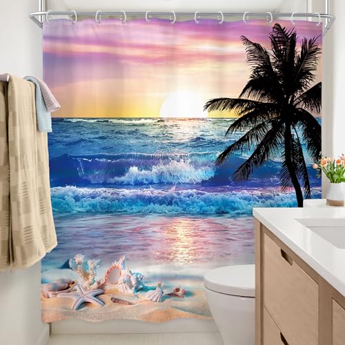 Newsely Ocean Sunrise Shower Curtain 72Wx72H Inch Beach Tropical Palm Tree Hawaiian Sunset Coastal Scenery Sea Wave Shower Curtain Bathroom Set Summer Waterproof Bath Decoration Accessories Home Decor - color: A-01beach Purple, size: 72"W x 72"L (Pack of
