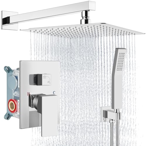 Aolemi Shower Faucet Set Rain Shower System with Handheld Spray Bathroom Shower Combo Rough-in Valve and Shower Trim Kit Included Polish Chrome 16 Inch Wall Mount Shower Head - color: Polish Chrome, size: 16 Inch Wall Mount Shower Head