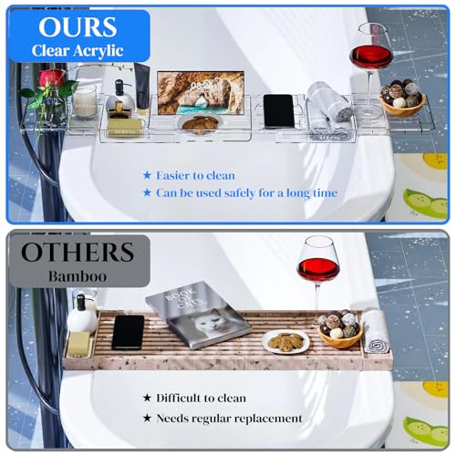 Expandable Acrylic Bathtub Tray for Tub, Bath Caddy Tray Table for Bathtub, Adjustable from 31.5 to 41 inch, Bathtub Rack fits Most Bathtubs and Bathroom Décor, Bath Tub Shelf Accessories for Women