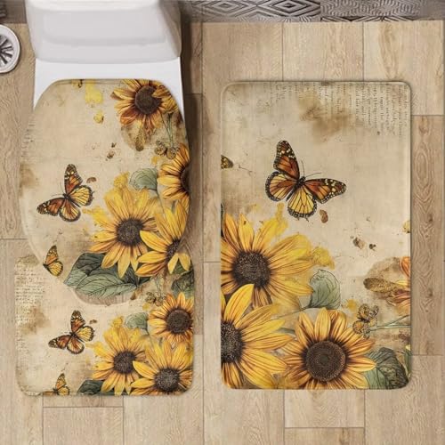 Butterfly 3 Piece Bathroom Rug Set Sunflower Bathroom Rug Set Non-Slip Bath Rugs Washable Bathroom Mat with Toilet Lid Cover Contour Mat Bath Rug for Shower Tub Bathroom Accessory Set - color: Butterfly Sunflower
