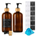 16oz/480ml Amber Glass Soap Dispenser Set, 2 Pack Dish Hand Soap Dispenser for Kitchen Bathroom, Clear Liquid Soap Bottle Dispenser with Bamboo Pump, Waterproof Labels, Funnel