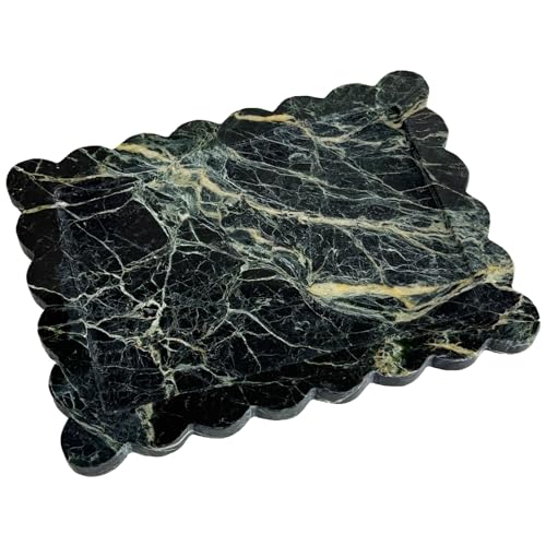 Real Natural Green Marble Tray, Luxury Scalloped Marble Tray, Decorative Rectangle Marble Tray for Vanity Bathroom Kitchen Coffee Table Jewelry Perfume Home Decor - color: Verde Guatemala