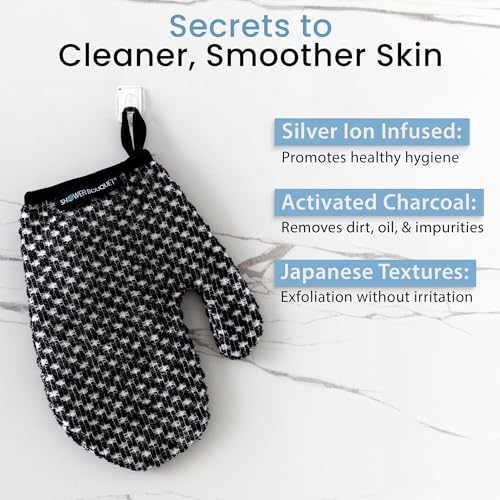 Japanese Exfoliating Mitt 2-Pack - Charcoal & Silver Ion Exfoliating Gloves for Shower - Soft Inner Fabric Gentle Exfoliation & Deep Cleansing Body Scrub Gloves for All Skin Types - 2 White - color: 2 Charcoal White, size: 1 Count (Pack of 2)