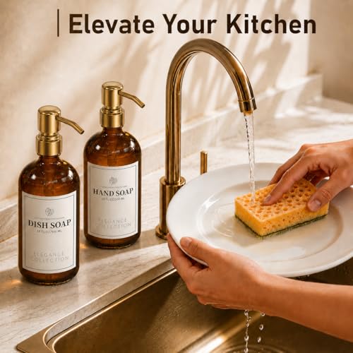 Fachixy Amber Glass Soap Dispenser (2 Pack), 16 Fl Oz Hand & Dish Soap Dispenser Bottles Set with Rust-Resistant Stainless Steel Pump, Non-Slip Pad, 14 Waterproof Labels for Kitchen and Bathroom - color: Amber