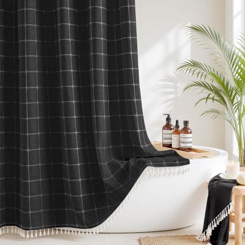 Farmhouse Shower Curtain with Snap-in Liner, No Hooks Needed Fabric Shower Curtains with Tassels for Rustic Bathroom Decor, with Window,with Magnets,Water Repellent&Machine Washable,Black,71x74Inch - color: Black-window, size: 71"W x 74"L (Pack of 1)