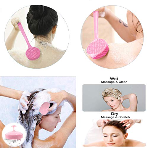 Silicone Body Scrubber & Scalp Massager, Long Handle Shower Brush, Exfoliating Scrubber for Men, Women & Kids - color: Pink