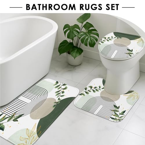 Boho Sage Green Mid Century Shower Curtain Set with Toilet Lid Cover and Non-Slip Rugs, Abstract Bohemian Gold Leaves Plant 4 Pcs Modern Minimalist Shower Curtain for Bathroom Set with 12 Hooks - color: Leaf Sage Green