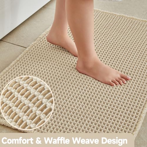 TYUU Pale Beige Long Bathroom Rug, Waffle Runner Rug Bathroom Non Slip Washable Super Absorbent Quick Dry Boho Farmhouse Bath Mat, 72''x24'' Pale Beige - color: Pale Beige, size: 2' X 6' (Runner)