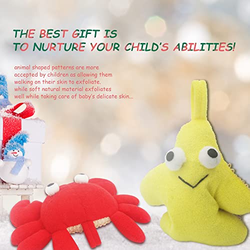 (2 Pack) Animal Body Scrubber Natural Linen Shower Ball for Toddler Kids Gentle Exfoliating Bath Sponge Loofah Pouf in Yellow Starfish Red Crab with Cute Big Eyes Design