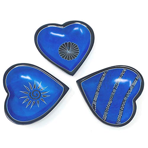 Global Crafts Small Soapstone Heart Bowls with Designs, Dark Blue, Set of 3 (KSAHBS-DB-S3) - color: Dark Blue