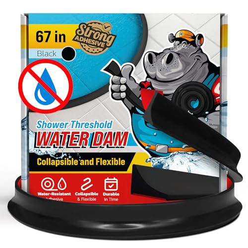 Shower Threshold Water Dam Barrier 67" - Black Collapsible Walk in Shower Water Guard - Door Bottom Seal Strip Leak Guard by Hippo Dam - color: Black, style: 67