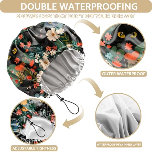 Shower Cap Adjustable Waterproof Double Layer Elastic Reusable Hair Bath Cap Cute Aesthetic for Women Girls-Cat Flower - color: R2-Cat Flower