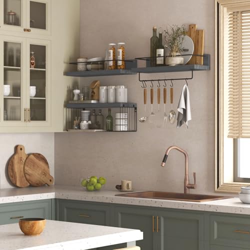 PopiShelves Bathroom Shelves Over Toilet for Wall, Floating Shelves with Storage Basket Paper Holer for Kitchen Living Room, Bedroom & Classroom, Set of 3 (Grey) - color: Grey, size: 15.7"