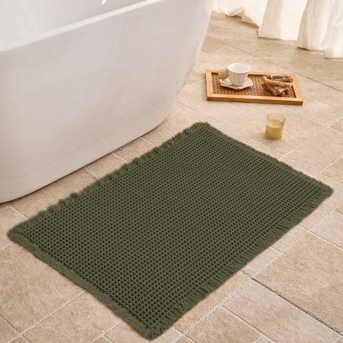 Waffle Bath Mat Non Slip, Boho Bathroom Rug, Super Absorbent Quick Dry Bathroom Mat, Soft Farmhouse Bath Rug with Tassels, Small Washable Shower Mats for Floor 20"x32", Olive Green - color: Olive Green, size: 1'8" x 2'8" (Rectangular)