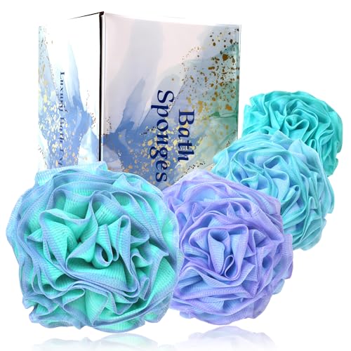 Loofah Bath Sponge 70g, Large Exfoliating Flower Body Scrubber, Soft and Durable with a Rich Lather, 4-Piece Loofa Set for Travel or as a Holiday Gift (Green-Blue) - color: Green-blue, size: 1 Count (Pack of 4)