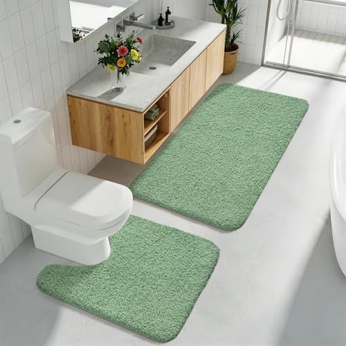 HOMORE Bathroom Rug Set 2 Piece,Soft Absorbent Bath Mats Set,Machine Washable Bath Rug Sets for Bathroom Non Slip,(21"x34"+21"x21") Plush Shaggy U Shape Contour Toilet,Sage Green - color: Sage Green