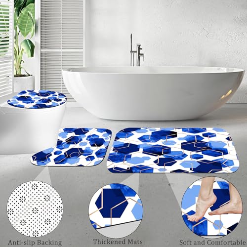 4Pcs Blue White Geometric Shower Curtain Set, Neutral Modern Art Deco Shower Curtain with Hooks, Elegant Trendy Simple Bathroom Sets with Shower Curtain and Rugs, 71 * 71in - color: Blue