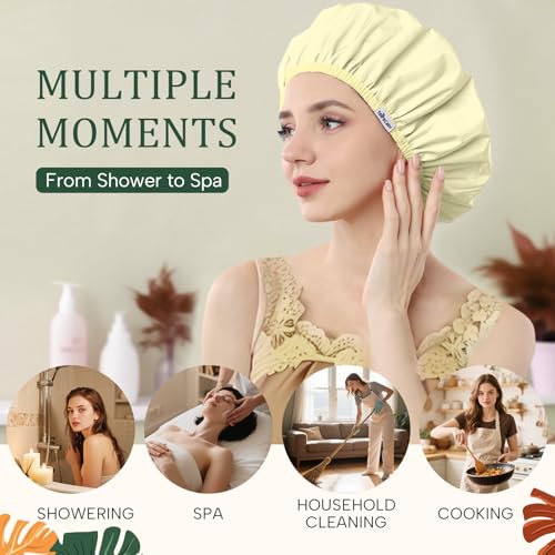 Years calm Shower Caps for Women Reusable Waterproof – Double Layer Elastic Cap with Tropical Botanical Print Shower Cap for Shower, Spa, Travel, Bath & Daily Hair Protection - color: Yellow