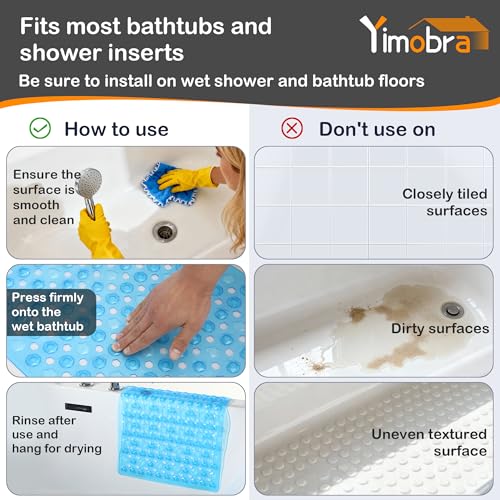 Yimobra Bathtub Mat Non Slip, 34.5"X15.5" Long Shower Mat for Inside Shower, Machine Washable Bath Mat with Drain Holes & Strong Suction Cups, Soft on Feet, Bathroom Essentials, Clear Blue - color: Clear Blue, size: 34.5 X 15.5 Inch