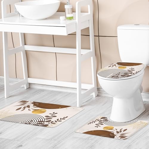 Riyidecor Brown Boho Mid Century 4Pcs Bathroom Shower Curtain Sets Modern Abstract Gold Bathroom Decor Set with Rugs and Accessories Minimalist Toilet Lid Rug, Contour and Bath Mat with 12 Hooks - color: 05brown