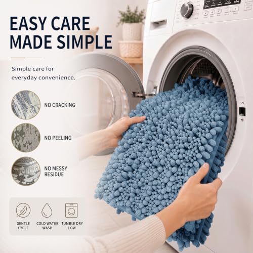 Yimobra Bathroom Rug Set 3 Piece - Super Absorbent Quick Dry Chenille Bath Mats & Toilet Rug, Non Slip Machine Washable, Extra Thick Shaggy Floor Mat for Shower Tub Sink, Denim Blue - color: Denim Blue, size: 24"x17" + 24"x20" + 30"x20"