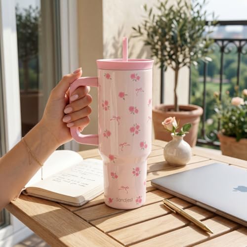 SANDJEST Rose Stainless Steel Locking Lid Silicone Straw Tumbler with Handle 40oz, Floral Insulated Stainless Steel Travel Cup for Women Girls Friends, Gift Idea for Birthday Christmas - color: Rose
