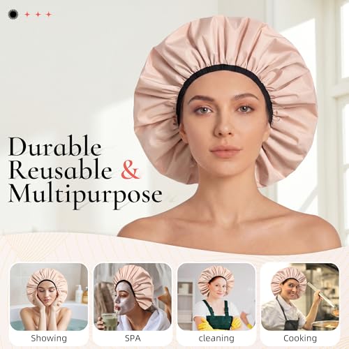 Extra Large Shower Cap for Women, Reusable Waterproof Shower Bonnet with Satin Lining, Double Layer Washable Bath Hair Cap for Braids, Locs, Long Thick Curly Hair, Natural Hair(Big Beige) - color: Beige