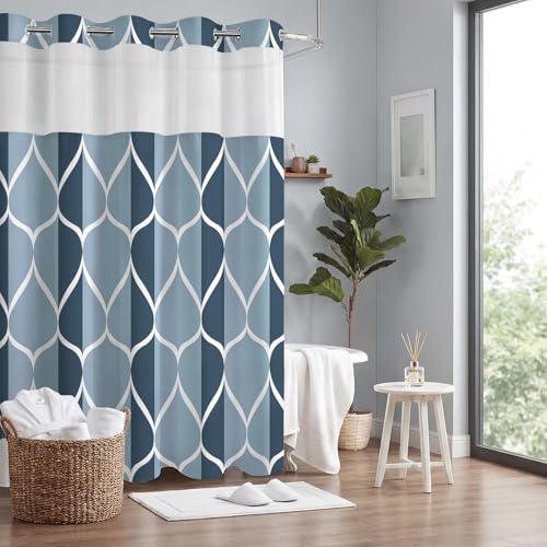 Yiatn No Hook Aegean Blue Shower Curtain with Snap in Liner Set - Hotel Style with See Through Mesh Top Window, Modern Geometric Waterdrop Design,Water-Repellent & Washable, 71x74 INCH - color: A. Aegean Blue, size: 71"W x 74"L (Pack of 1)