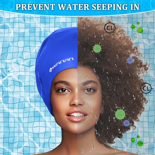 Extra Large Silicone Swim Cap for Long Hair and Protective Styles–Waterproof Swimming Cap for Men and Women with Dreadlocks, Weaves, Extensions, Braids, Curls, and Afros–Keep Hair Dry - color: Blue