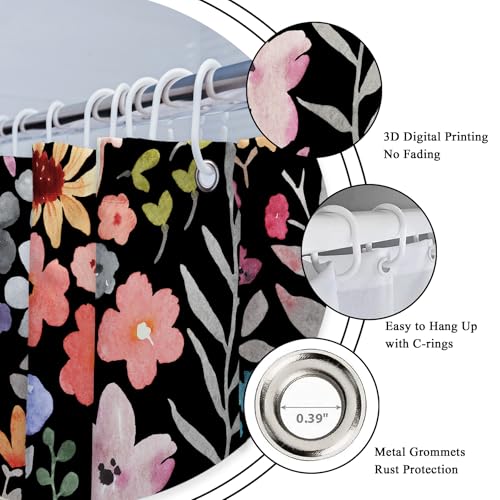 Riyidecor Extra Long Black Floral Shower Curtain for Bathroom Decor 72Wx84H Watercolor Cute Plants Spring Girly Women Colorful Boho Art Printed Fabric Polyester Waterproof 12 Pack Plastic Hook - color: E-black, size: 72"W x 84"L (Pack of 1)