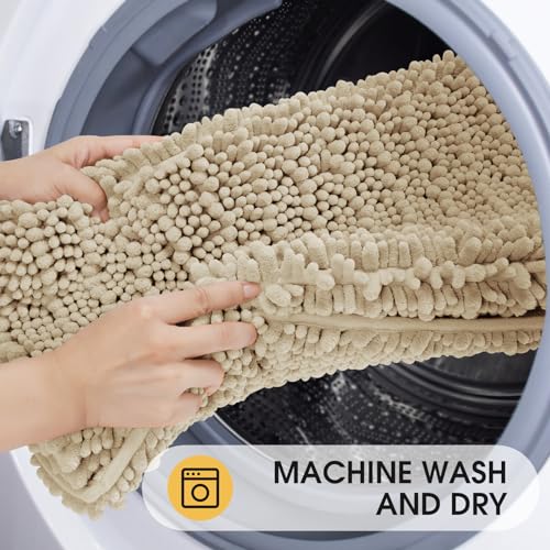 ACCUMTEK Upgrade Luxury 2 Piece Beige Toilet Bathroom Rug Mat U Shape 24"x20"+48"x20", Ultra Soft Thick Absorbent Bath Mats, Non Slip Chenille Toilet Mat for Bathroom, Bedroom, Kitchen, Shower, Tub - color: Beige, size: 48"x20" and 24"x20"