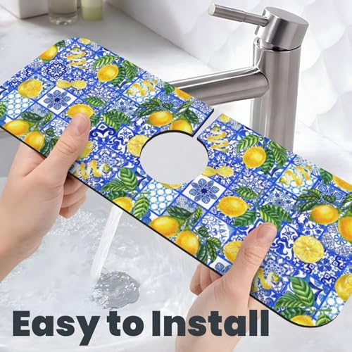 Lemon Mexican Tiles Italian Blue 15" X 5.5" Kitchen Sink Splash Guard Faucet Faucet Guard Draining Mat Sink Splash Guard Faucet Kitchen Bathroom - color: Lemon Mexican Tiles Italian Blue