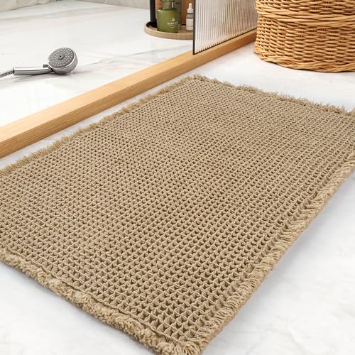 tchdio Waffle Bath Mat Rug, Super Absorbent Non Slip Bath Mats Ultra Soft Bathmat Machine Washable Bathroom Rugs with Tassels, Bath Rugs for Bathroom Floor Beside Tub, 17" x 24", Brown - color: Brown, size: 17" x 24"