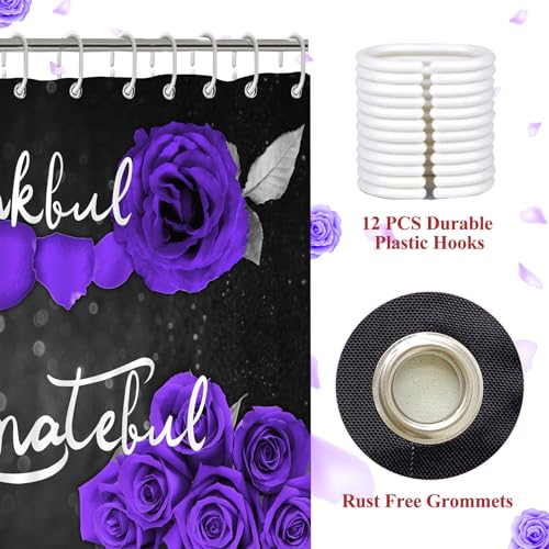 4Pcs Purple Rose Shower Curtain Sets, Thankful Grateful Blessed Bathroom Curtain with Non-Slip Rug, Toilet Lid Cover, Bath Mat and 12 Hooks, Romantic Showy Floral Wedding Decor for Bath, 72 x 72 inch - color: Purple