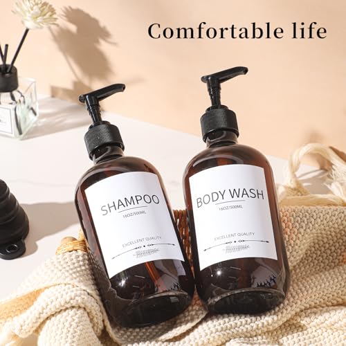 Stylish Shampoo Bottles Refillable with Pump,(5Pack) Amber Shampoo and Conditioner Dispenser,Shampoo Bottles with 8pcs Lables - color: Amber-w