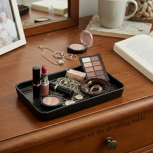 10"×6"×1" Black Bathroom Vanity Tray for Countertop- Ceramic Decorative Organizer Tray for Dresser Tops, Toilet, Perfume, Sponge Holder Soap Dish Dispenser for Kitchen Counter- Golden Stripes - color: Black Color With Golden Stripes-1 Pc