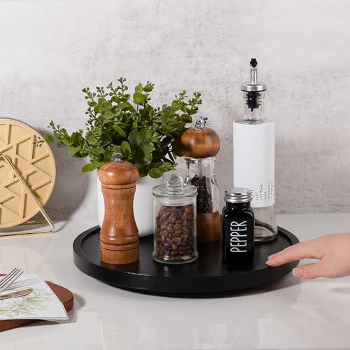 Wood Lazy Susan Organizer Kitchen Turntable for Cabinet Farmhouse Bathroom Decor Round Decorative Tray for Vanity, Counter, Sink, Coffee Table, 12 Inch, Black - color: Black, size: 12“